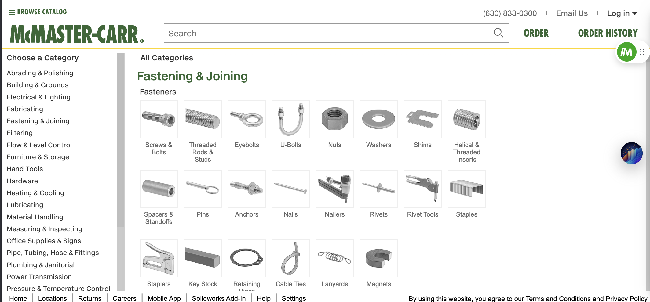 McMaster-Carr interface screenshot
